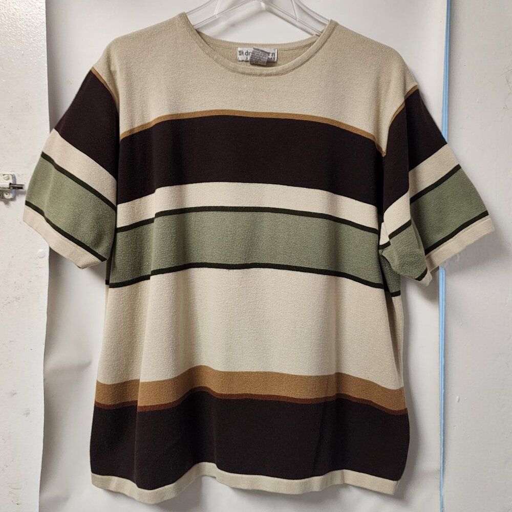 Dress Barn Woman Short Sleeve Tan Crew Neck Striped Knit Top, Size 18/20